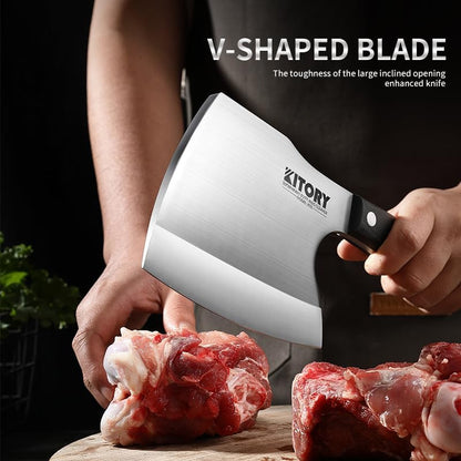 Meat Cleaver, Super Massive Heavy Duty Axe shape Kitchen Knife for Big Bones Beef Bones and Frozen Meat, bones breaker, Full Tang Butcher Knife, Black Wooden Handle