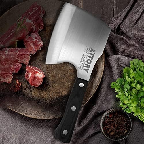 Meat Cleaver, Super Massive Heavy Duty Axe shape Kitchen Knife for Big Bones Beef Bones and Frozen Meat, bones breaker, Full Tang Butcher Knife, Black Wooden Handle