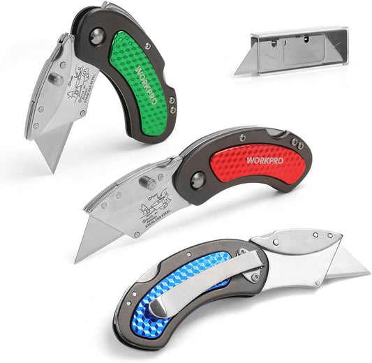Folding Utility Knife Set | Quick Change Blade, Back-lock Mechanism 3-piece with 10-piece Extra Blades