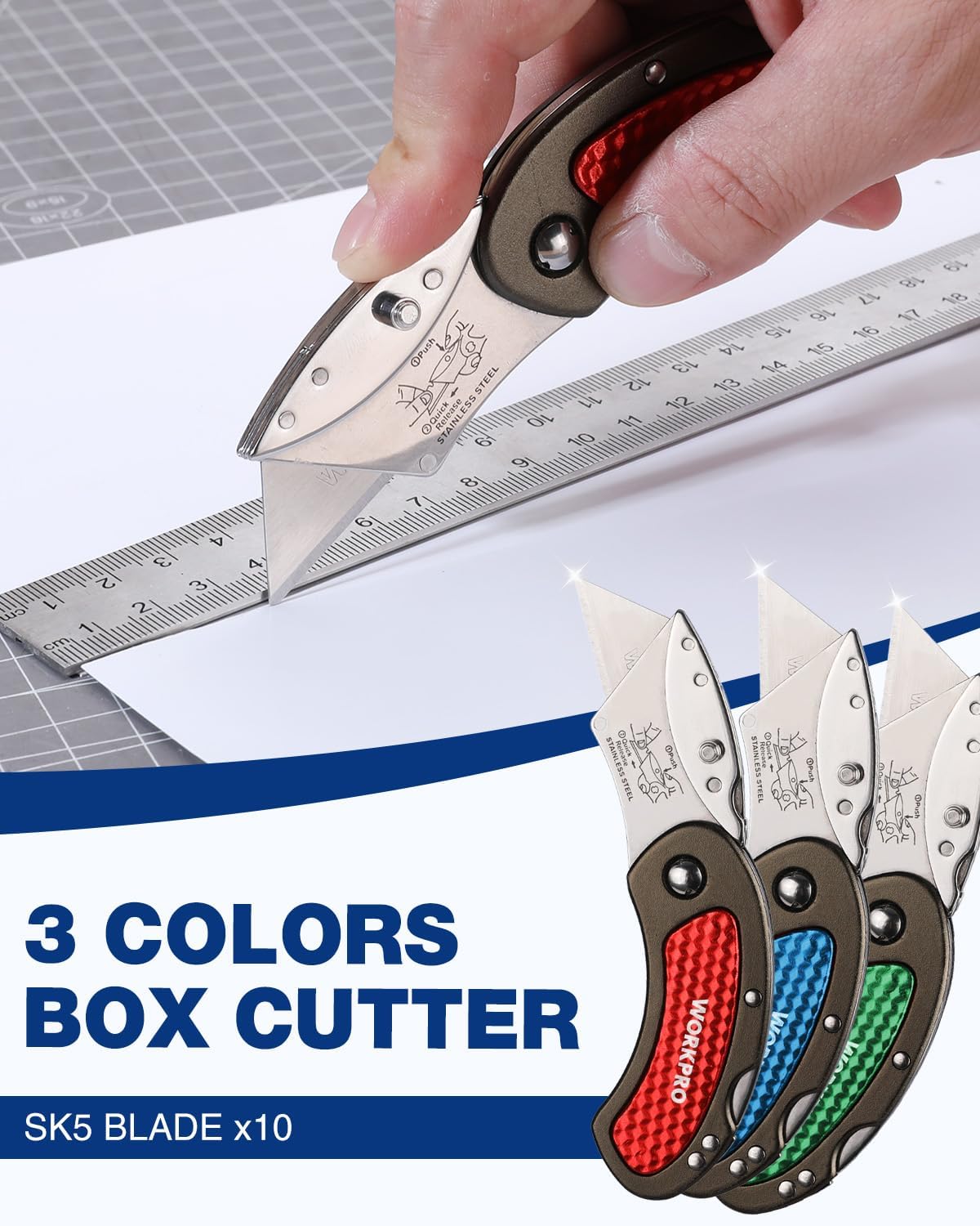 Folding Utility Knife Set | Quick Change Blade, Back-lock Mechanism 3-piece with 10-piece Extra Blades