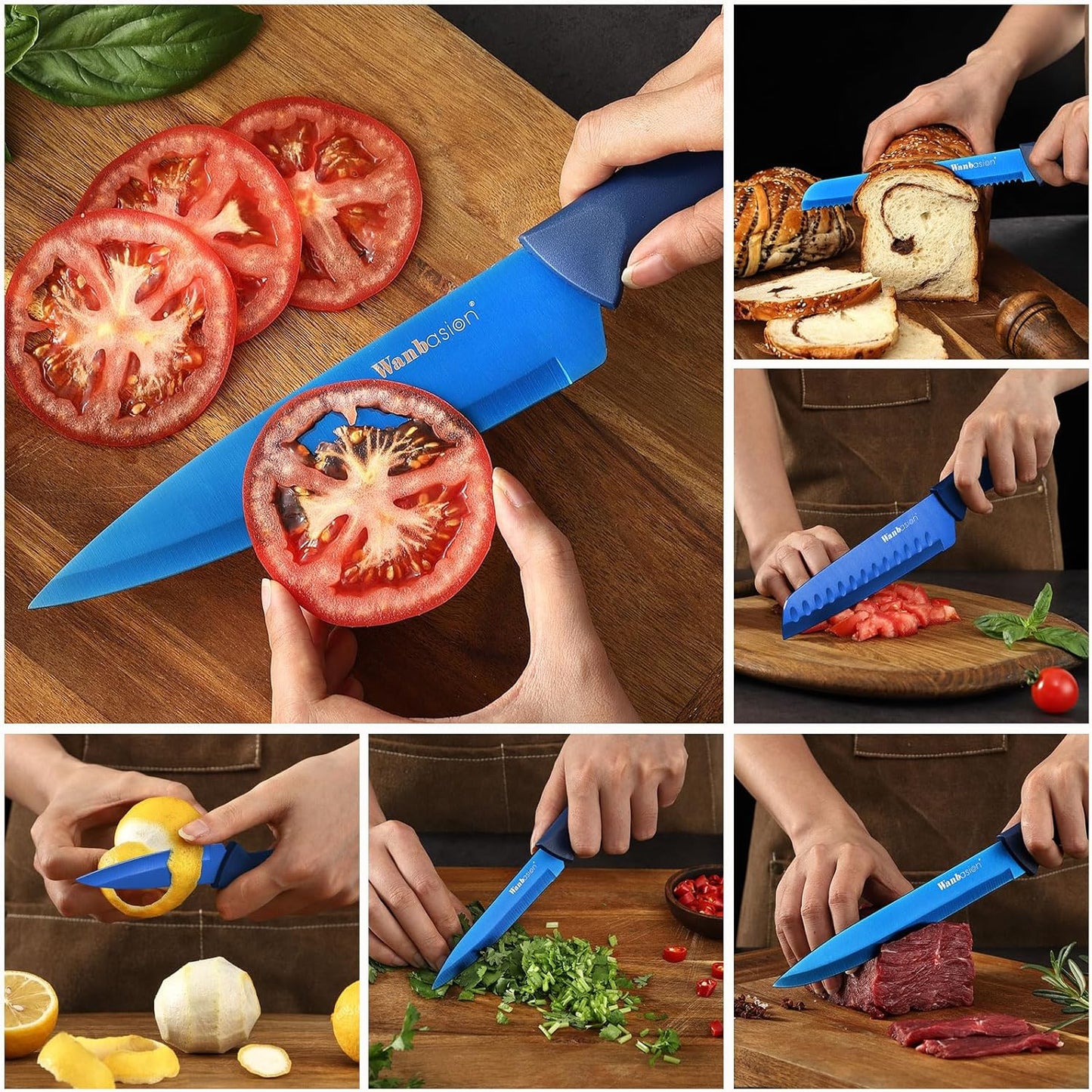 Blue Professional Kitchen Knife Chef Set, Stainless Steel, Dishwasher Safe with Sheathes