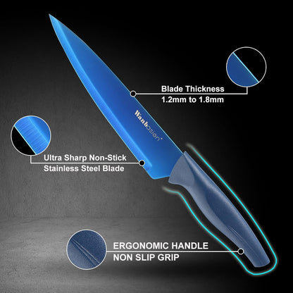 Blue Professional Kitchen Knife Chef Set, Stainless Steel, Dishwasher Safe with Sheathes