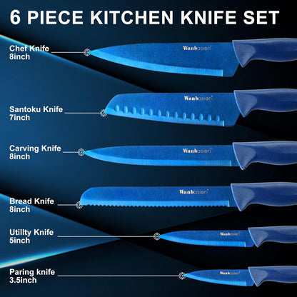 Blue Professional Kitchen Knife Chef Set, Stainless Steel, Dishwasher Safe with Sheathes