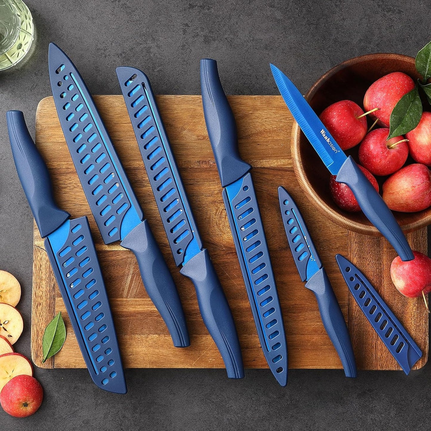 Blue Professional Kitchen Knife Chef Set, Stainless Steel, Dishwasher Safe with Sheathes
