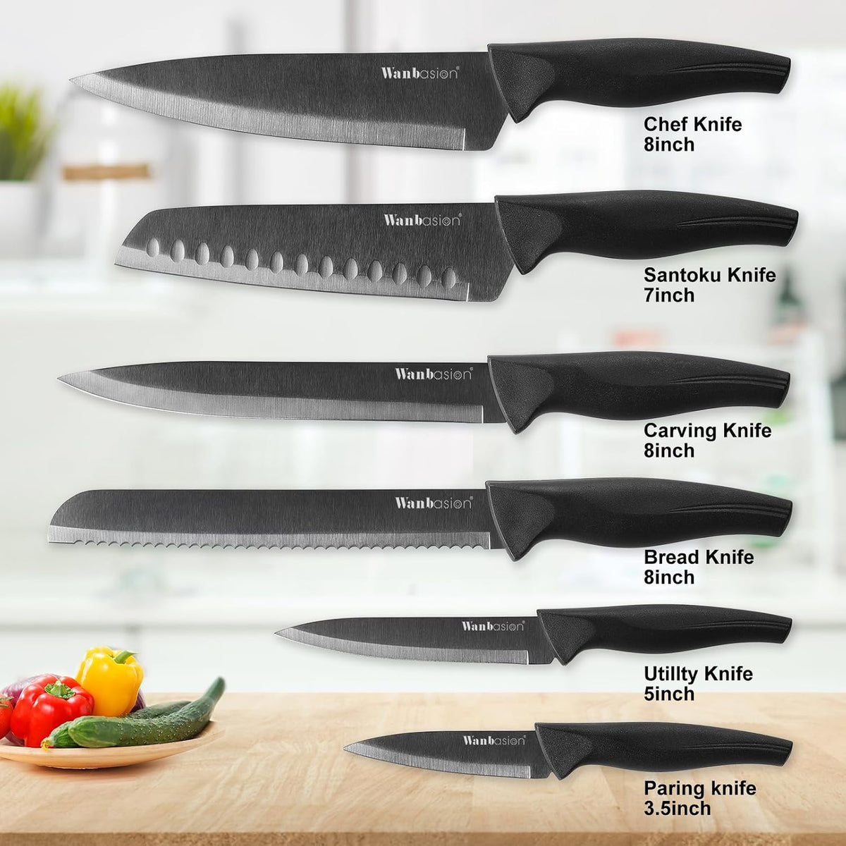 Blue Professional Kitchen Knife Chef Set, Stainless Steel, Dishwasher Safe with Sheathes