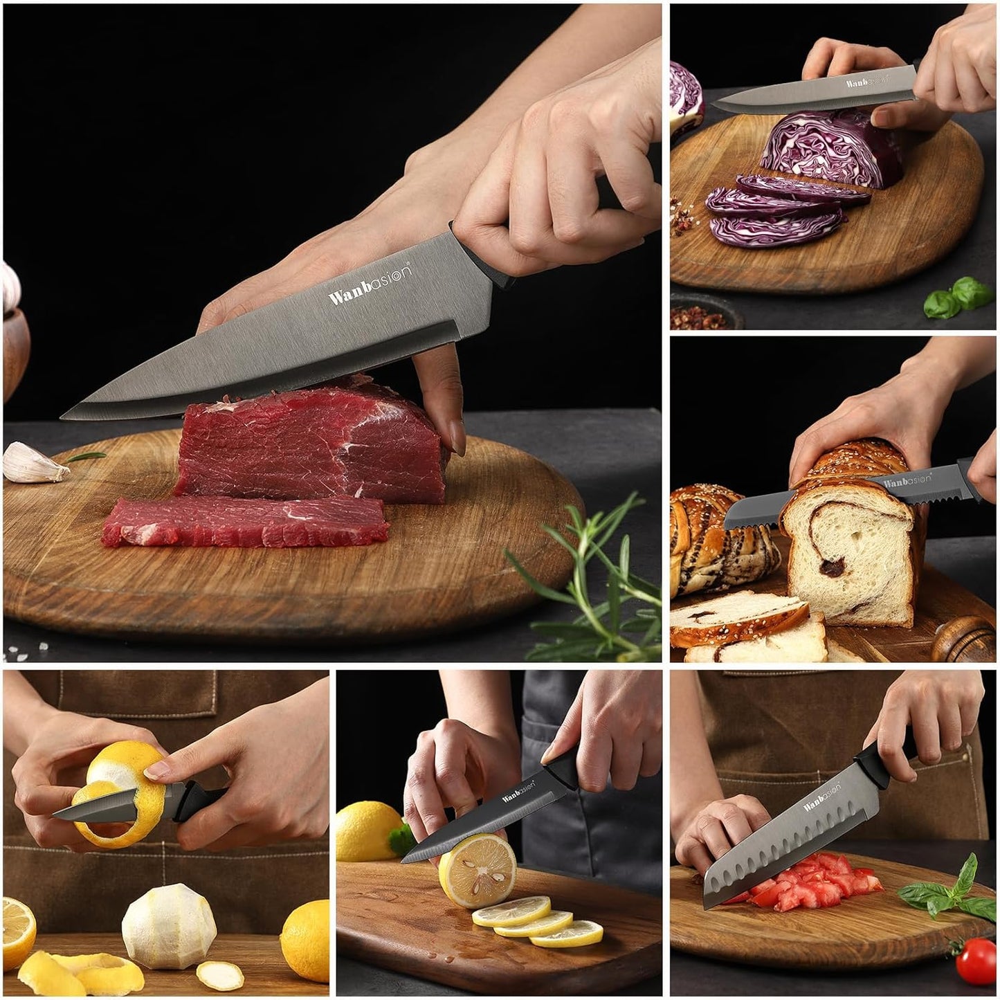 Blue Professional Kitchen Knife Chef Set, Stainless Steel, Dishwasher Safe with Sheathes