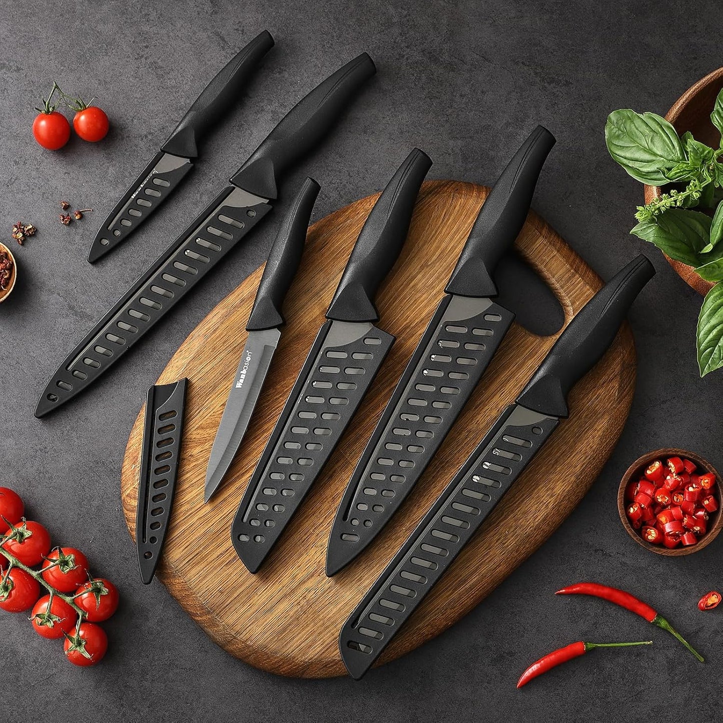 Blue Professional Kitchen Knife Chef Set, Stainless Steel, Dishwasher Safe with Sheathes