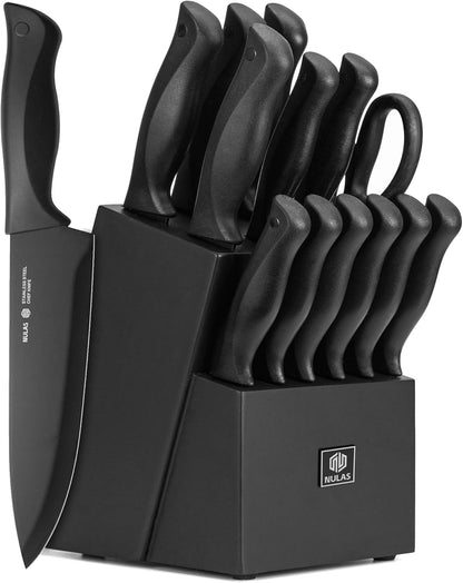 Knife Set, 15-Piece with Block, Self-Sharpening, Dishwasher Safe Kitchen Knife Set & Anti-Slip Handles (Black)