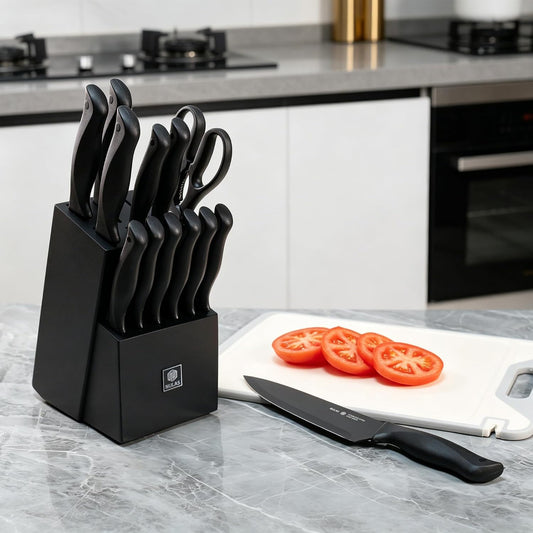 Knife Set, 15-Piece with Block, Self-Sharpening, Dishwasher Safe Kitchen Knife Set & Anti-Slip Handles (Black)