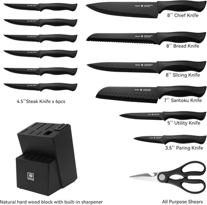 Knife Set, 15-Piece with Block, Self-Sharpening, Dishwasher Safe Kitchen Knife Set & Anti-Slip Handles (Black)