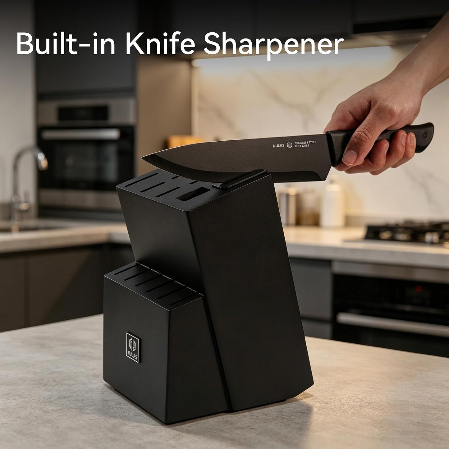 Knife Set, 15-Piece with Block, Self-Sharpening, Dishwasher Safe Kitchen Knife Set & Anti-Slip Handles (Black)