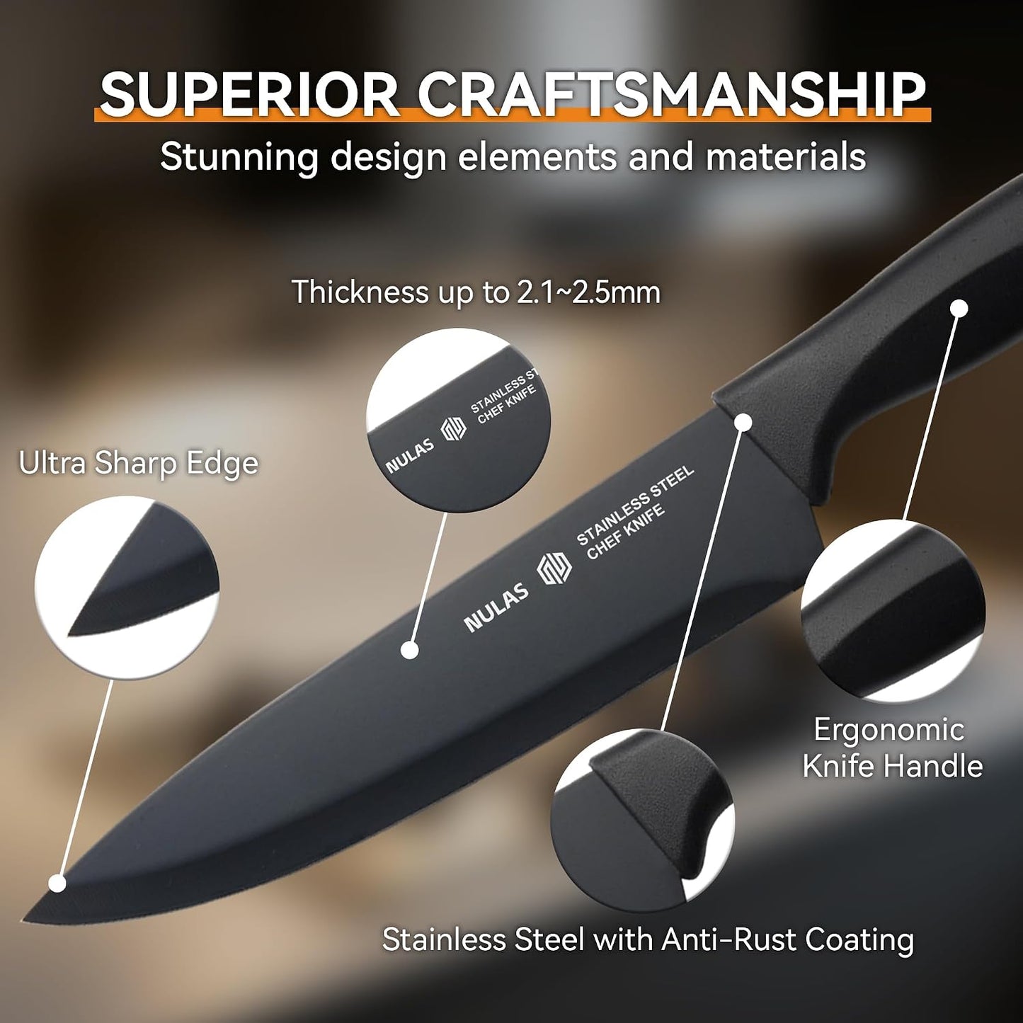 Knife Set, 15-Piece with Block, Self-Sharpening, Dishwasher Safe Kitchen Knife Set & Anti-Slip Handles (Black)