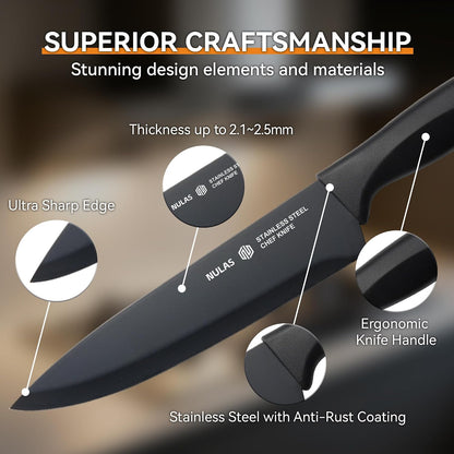 Knife Set, 15-Piece with Block, Self-Sharpening, Dishwasher Safe Kitchen Knife Set & Anti-Slip Handles (Black)