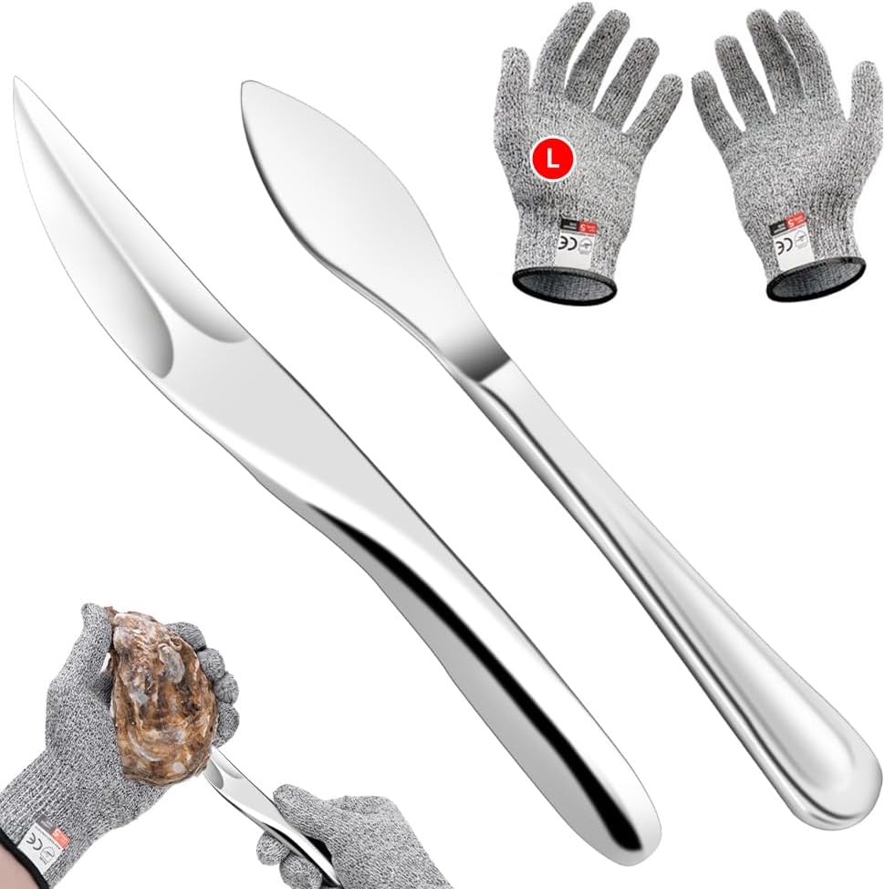 2PCS Oyster Shucking Knife & Cut-Resistant Gloves, Stainless Steel Oyster Opener Tool with Ergonomic Handle, Shucking Kit with Box