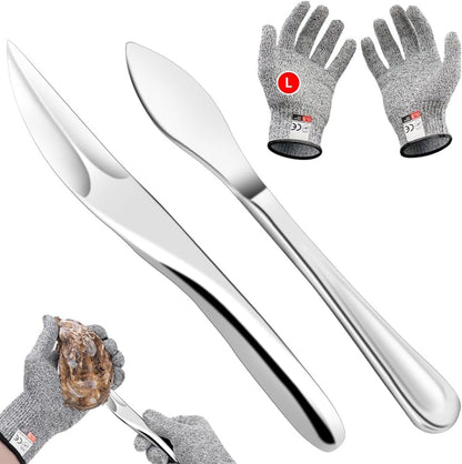 2PCS Oyster Shucking Knife & Cut-Resistant Gloves, Stainless Steel Oyster Opener Tool with Ergonomic Handle, Shucking Kit with Box
