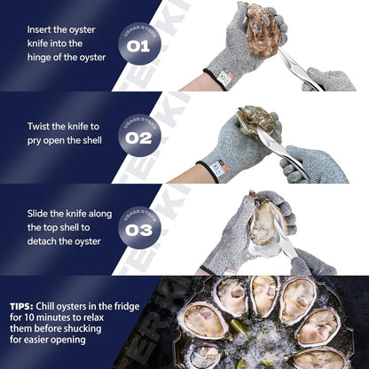 2PCS Oyster Shucking Knife & Cut-Resistant Gloves, Stainless Steel Oyster Opener Tool with Ergonomic Handle, Shucking Kit with Box