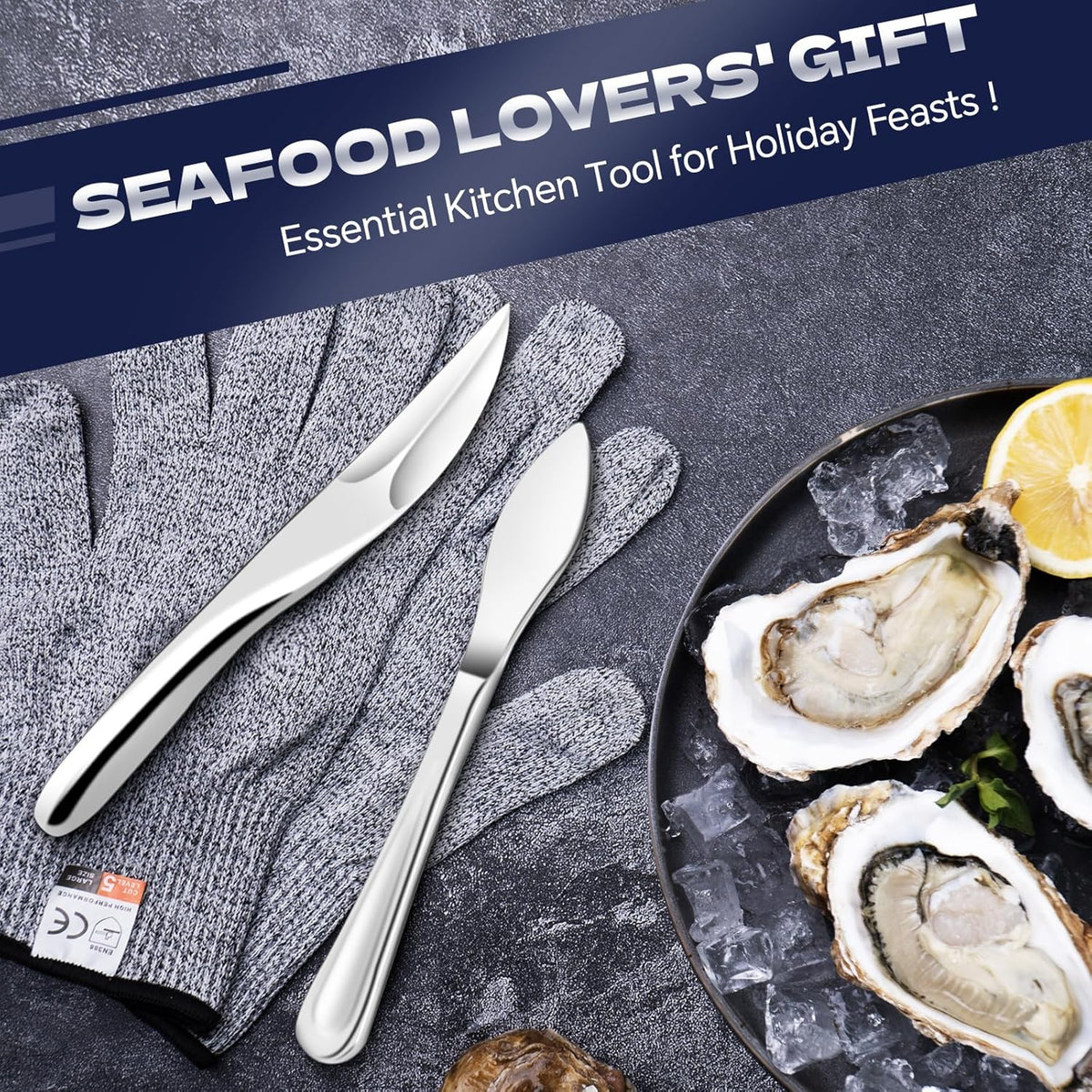 2PCS Oyster Shucking Knife & Cut-Resistant Gloves, Stainless Steel Oyster Opener Tool with Ergonomic Handle, Shucking Kit with Box