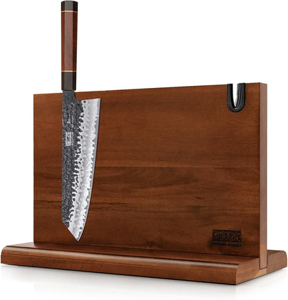 9 Inch Kiritsuke Chef Knife, Japanese Hand Forged 7 Layers VG-10 Steel Kitchen Knife & Magnetic Knife Block 14 x 10 Inches, Double Sided Magnetic Knife Holder Rack for Kitchen Counter