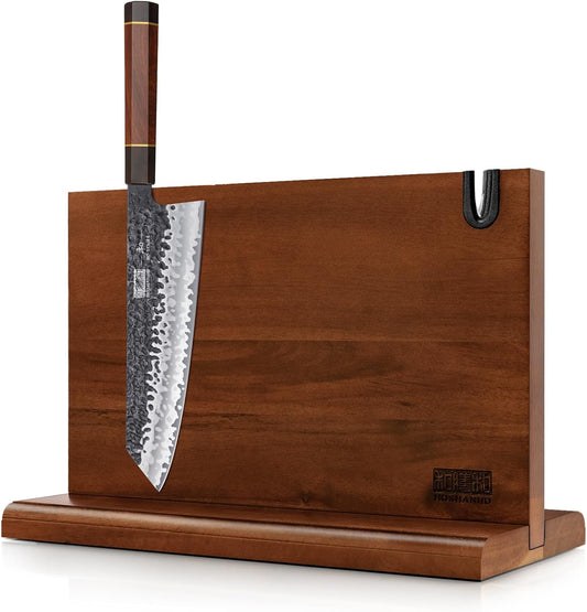 9 Inch Kiritsuke Chef Knife, Japanese Hand Forged 7 Layers VG-10 Steel Kitchen Knife & Magnetic Knife Block 14 x 10 Inches, Double Sided Magnetic Knife Holder Rack for Kitchen Counter