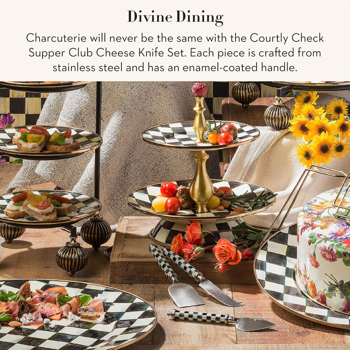 Supper Club Cheese Knife Set, Courtly Check | Hand-applied design, made from stainless steel with a clear enamel coating, charcuterie accessories, 7"–7.75" L