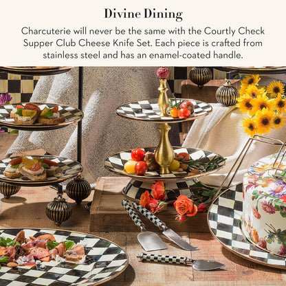 Supper Club Cheese Knife Set, Courtly Check | Hand-applied design, made from stainless steel with a clear enamel coating, charcuterie accessories, 7"–7.75" L