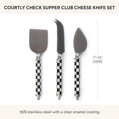 Supper Club Cheese Knife Set, Courtly Check | Hand-applied design, made from stainless steel with a clear enamel coating, charcuterie accessories, 7"–7.75" L