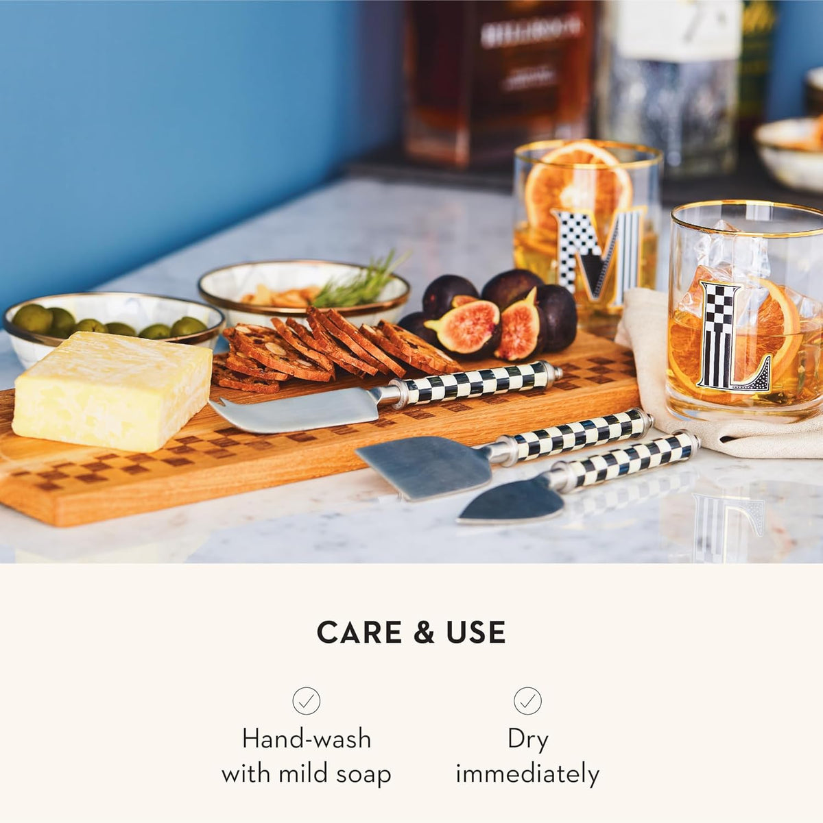 Supper Club Cheese Knife Set, Courtly Check | Hand-applied design, made from stainless steel with a clear enamel coating, charcuterie accessories, 7"–7.75" L