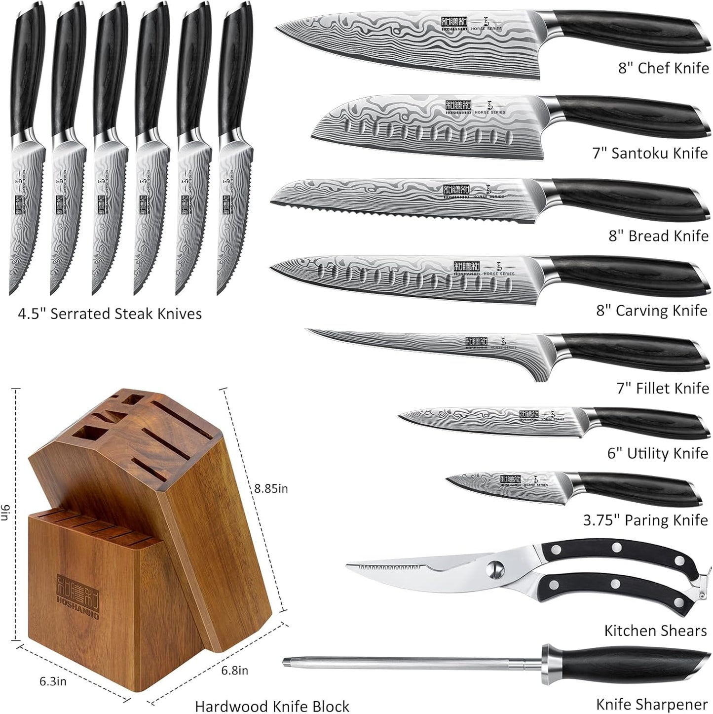 16-Piece Knife Set with Block, Ultra Sharp Kitchen Knife Block Set | High Carbon Powder Steel Chef Knife Set, Professional Kitchen Knives Set with Sharpener and Pakkawood Handle, Elegant Box