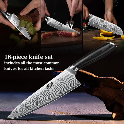 16-Piece Knife Set with Block, Ultra Sharp Kitchen Knife Block Set | High Carbon Powder Steel Chef Knife Set, Professional Kitchen Knives Set with Sharpener and Pakkawood Handle, Elegant Box