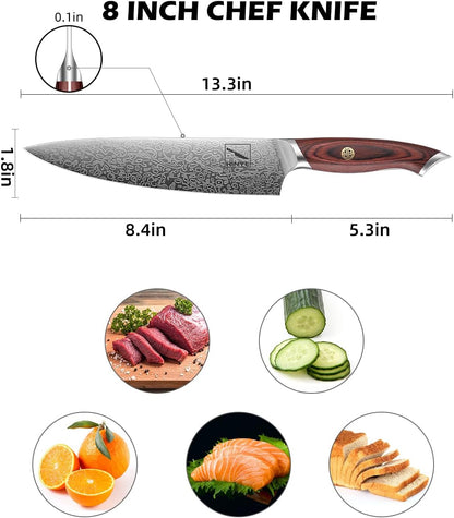 8" High Carbon Stainless Steel Kitchen Chef Knife, Redwood Handle, Textured Anti-Stick Blade, Rustproof & Dishwasher Safe, Effortless Chopping, Premium Gift Box