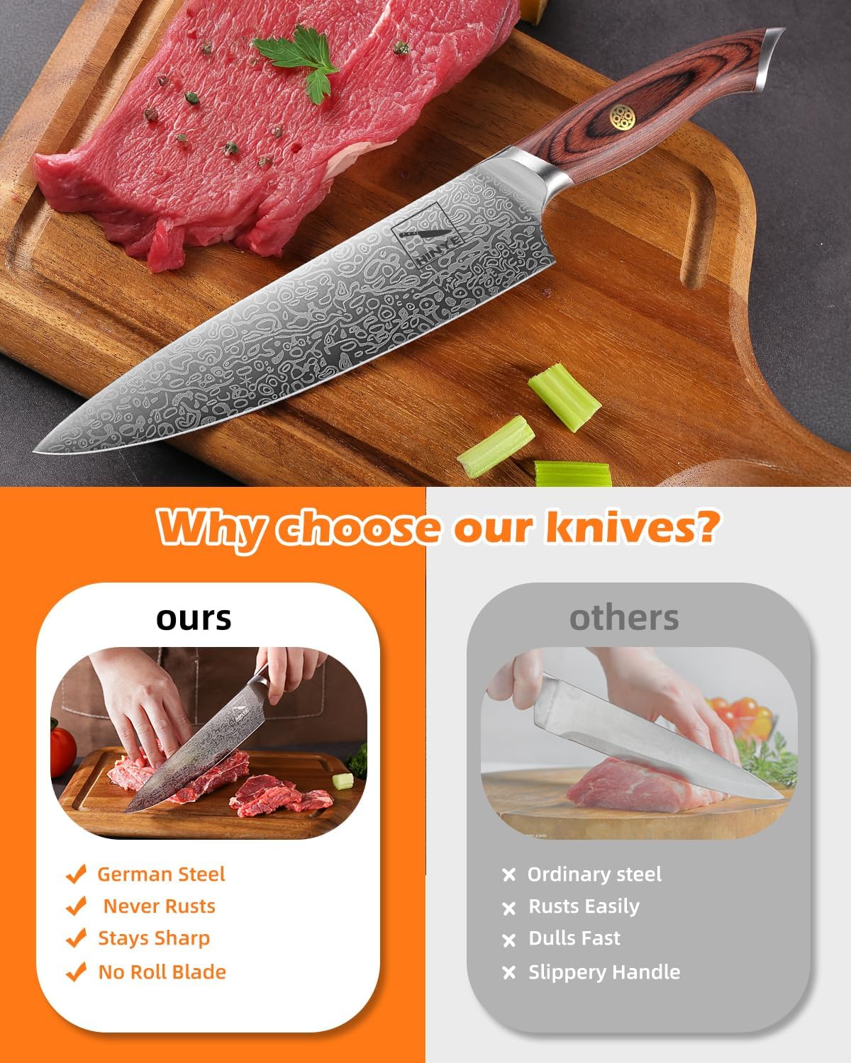 8" High Carbon Stainless Steel Kitchen Chef Knife, Redwood Handle, Textured Anti-Stick Blade, Rustproof & Dishwasher Safe, Effortless Chopping, Premium Gift Box