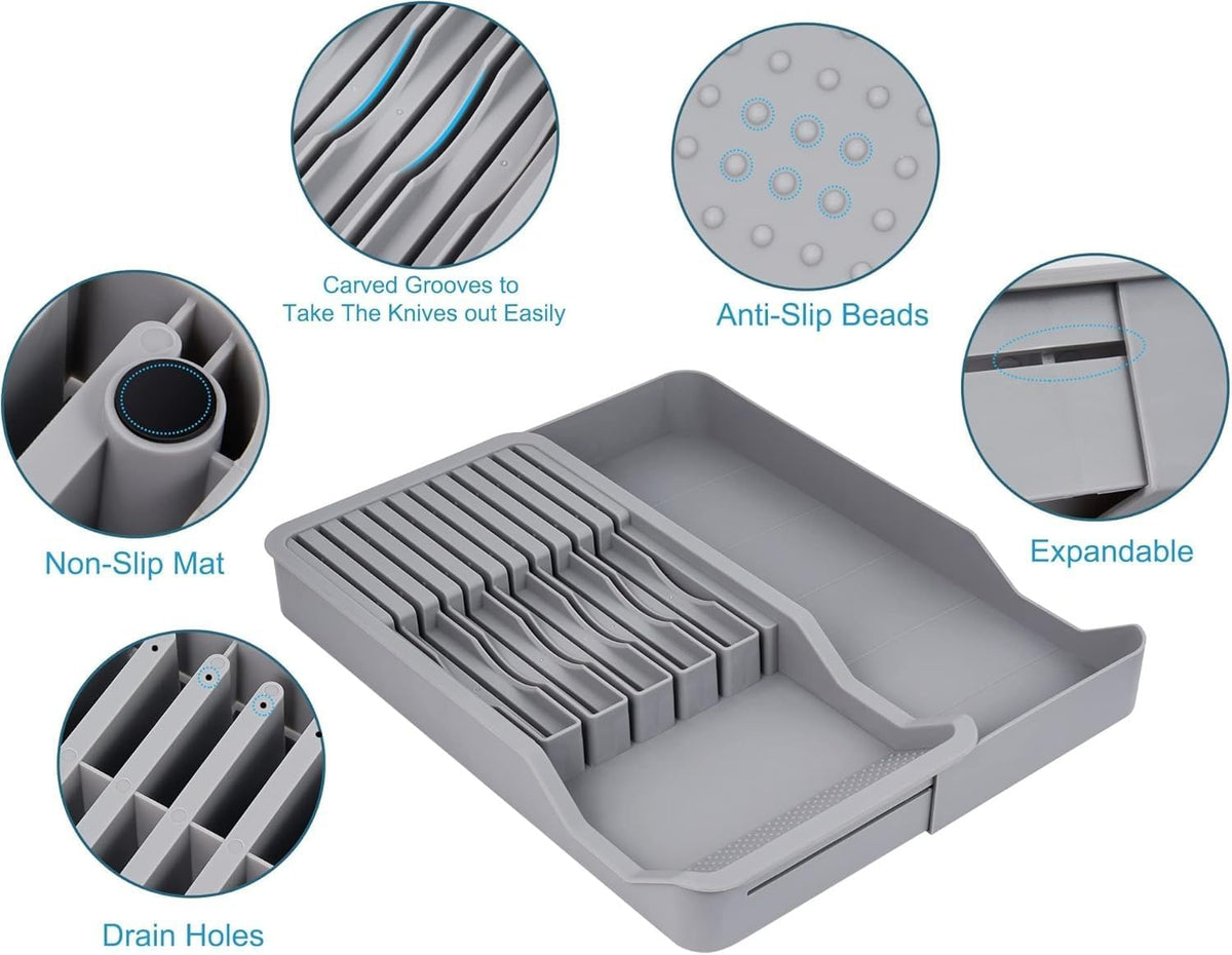 Expandable Drawer Knife Organizer, In-Drawer Knife Holder for 11 Knives, Adjustable Kitchen Drawer Knife Block with Drain Holes, BPA-Free Plastic Knife Storage Tray, Fits Steak & Chef Knives