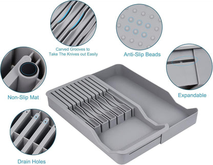 Expandable Drawer Knife Organizer, In-Drawer Knife Holder for 11 Knives, Adjustable Kitchen Drawer Knife Block with Drain Holes, BPA-Free Plastic Knife Storage Tray, Fits Steak & Chef Knives