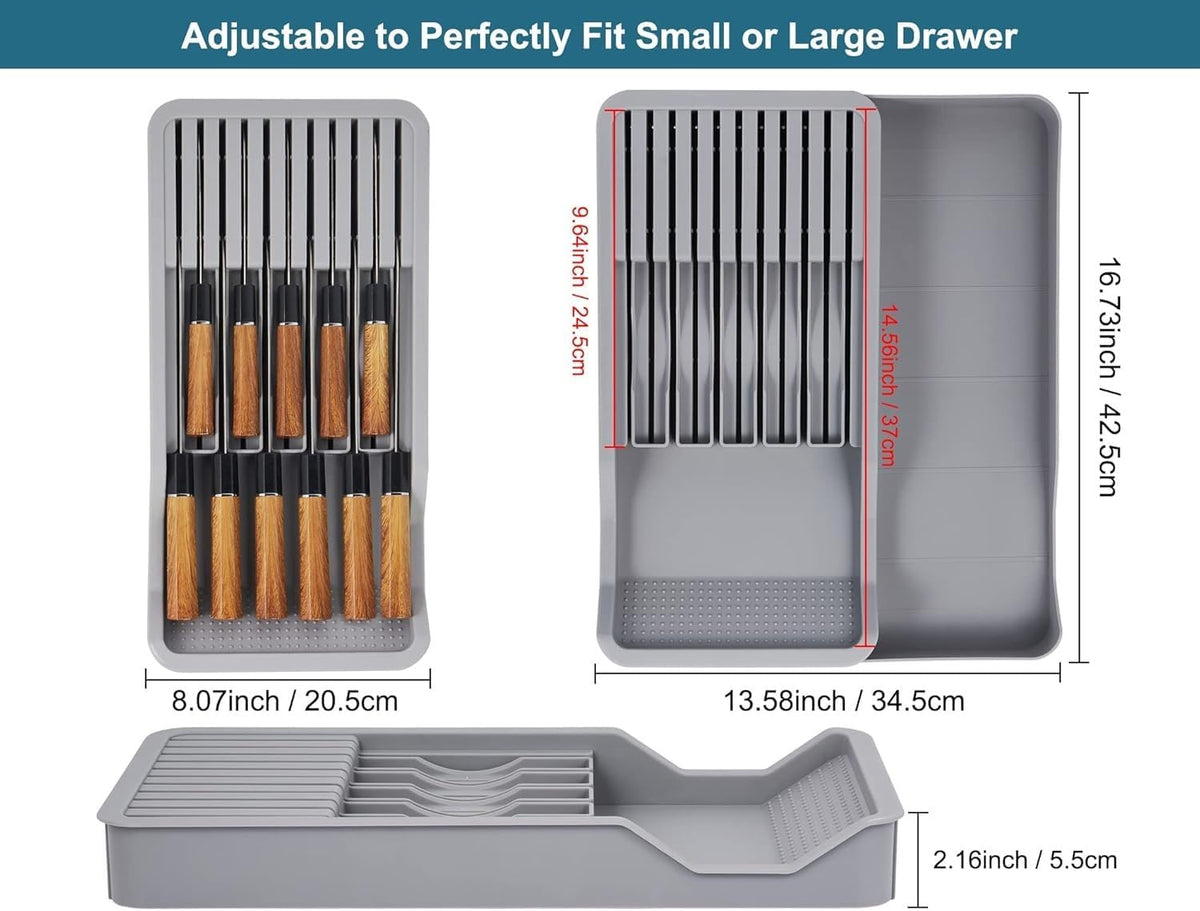Expandable Drawer Knife Organizer, In-Drawer Knife Holder for 11 Knives, Adjustable Kitchen Drawer Knife Block with Drain Holes, BPA-Free Plastic Knife Storage Tray, Fits Steak & Chef Knives