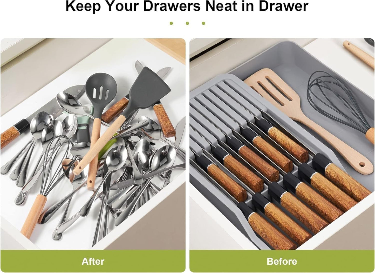 Expandable Drawer Knife Organizer, In-Drawer Knife Holder for 11 Knives, Adjustable Kitchen Drawer Knife Block with Drain Holes, BPA-Free Plastic Knife Storage Tray, Fits Steak & Chef Knives