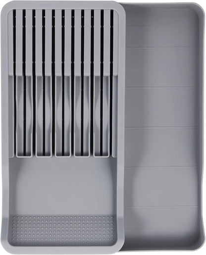 Expandable Drawer Knife Organizer, In-Drawer Knife Holder for 11 Knives, Adjustable Kitchen Drawer Knife Block with Drain Holes, BPA-Free Plastic Knife Storage Tray, Fits Steak & Chef Knives