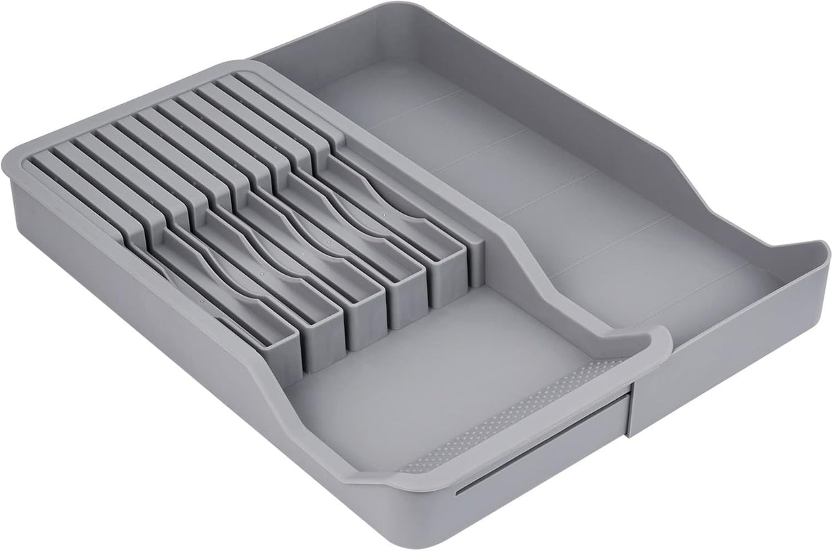Expandable Drawer Knife Organizer, In-Drawer Knife Holder for 11 Knives, Adjustable Kitchen Drawer Knife Block with Drain Holes, BPA-Free Plastic Knife Storage Tray, Fits Steak & Chef Knives