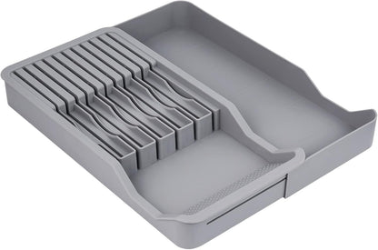 Expandable Drawer Knife Organizer, In-Drawer Knife Holder for 11 Knives, Adjustable Kitchen Drawer Knife Block with Drain Holes, BPA-Free Plastic Knife Storage Tray, Fits Steak & Chef Knives
