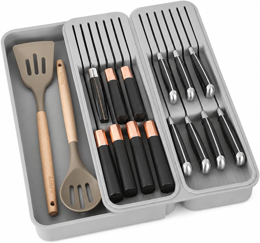Expandable Drawer Knife Organizer, In-Drawer Knife Holder for 11 Knives, Adjustable Kitchen Drawer Knife Block with Drain Holes, BPA-Free Plastic Knife Storage Tray, Fits Steak & Chef Knives