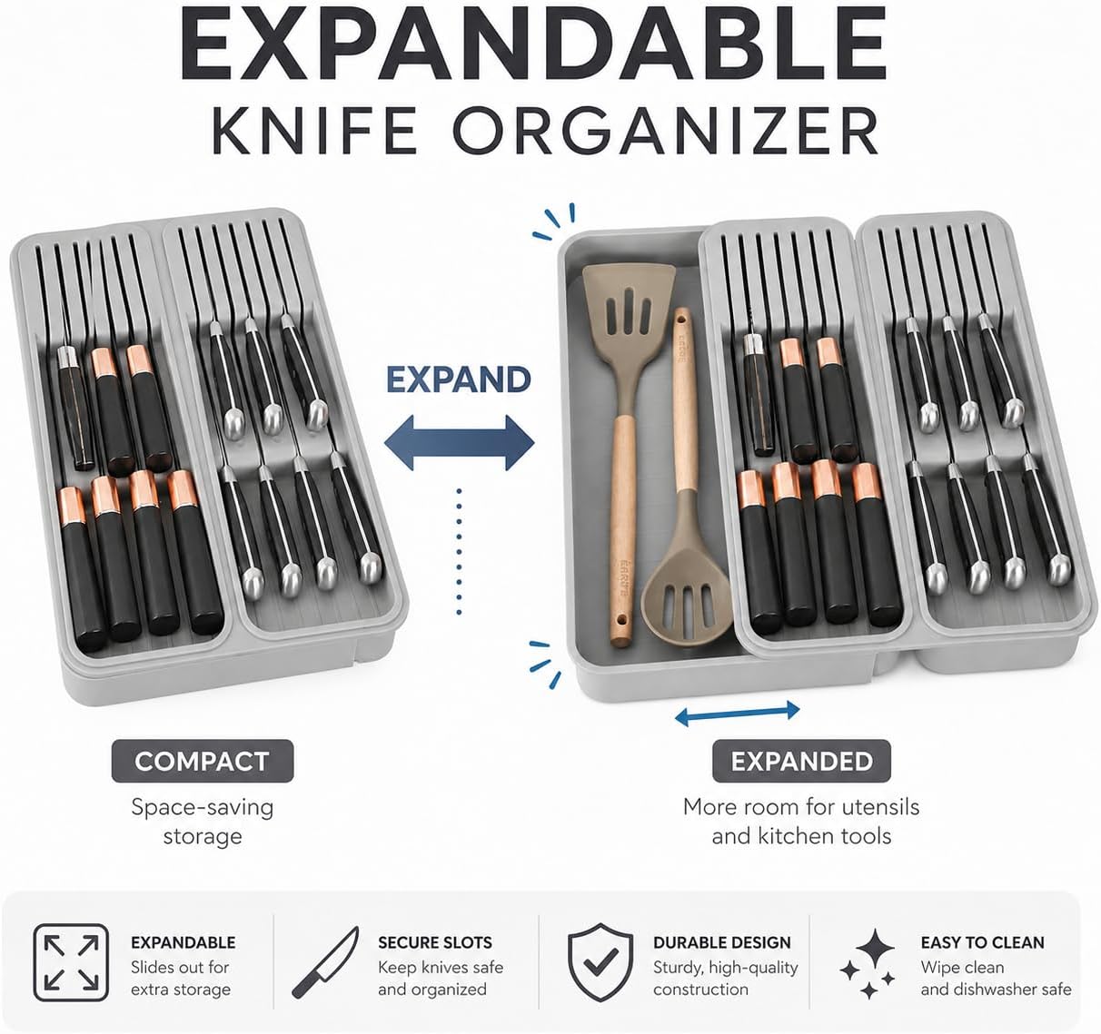 Expandable Drawer Knife Organizer, In-Drawer Knife Holder for 11 Knives, Adjustable Kitchen Drawer Knife Block with Drain Holes, BPA-Free Plastic Knife Storage Tray, Fits Steak & Chef Knives