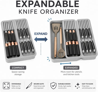 Expandable Drawer Knife Organizer, In-Drawer Knife Holder for 11 Knives, Adjustable Kitchen Drawer Knife Block with Drain Holes, BPA-Free Plastic Knife Storage Tray, Fits Steak & Chef Knives