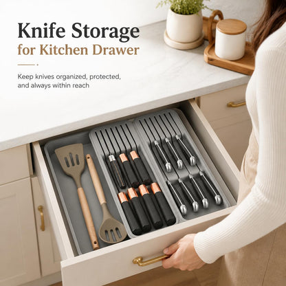 Expandable Drawer Knife Organizer, In-Drawer Knife Holder for 11 Knives, Adjustable Kitchen Drawer Knife Block with Drain Holes, BPA-Free Plastic Knife Storage Tray, Fits Steak & Chef Knives