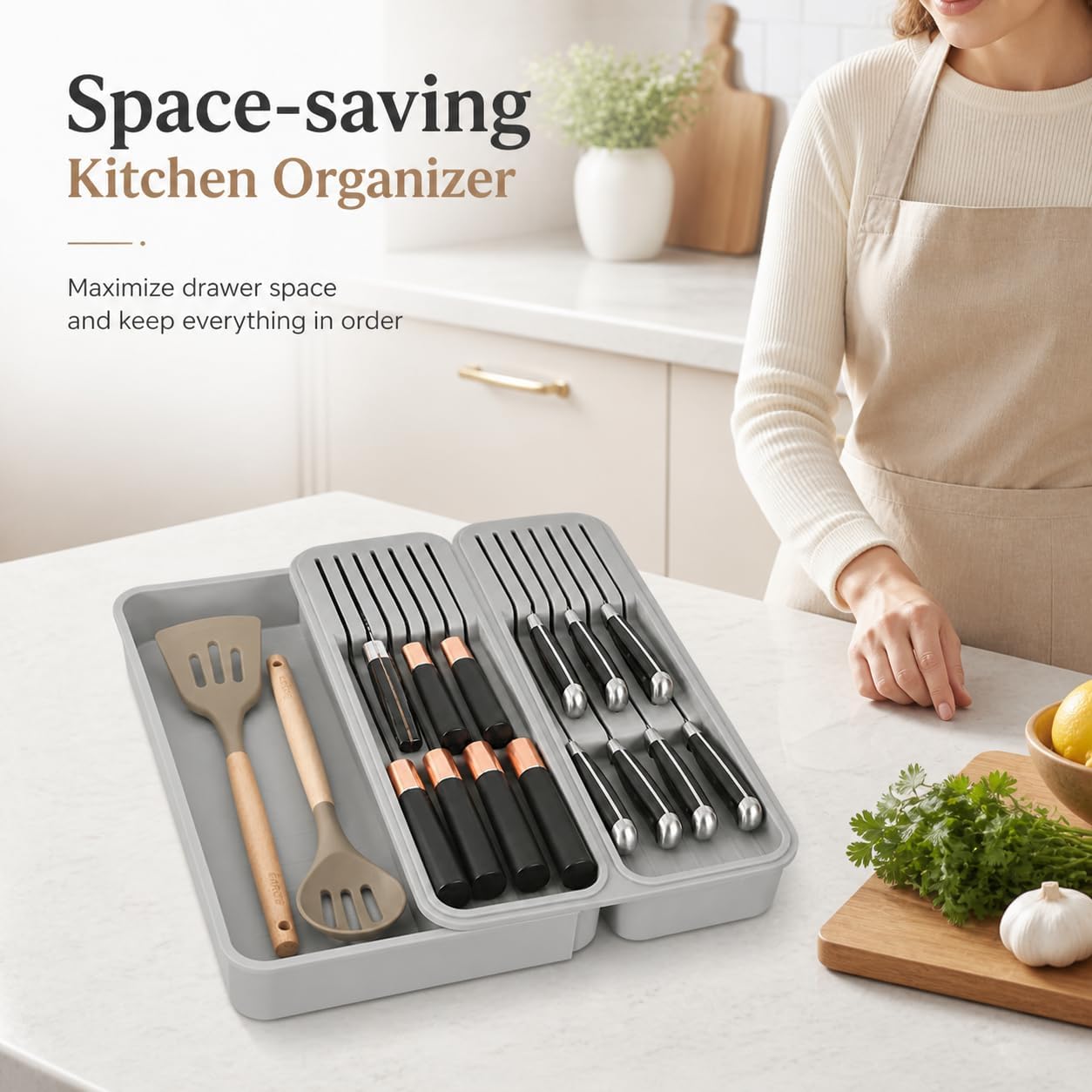 Expandable Drawer Knife Organizer, In-Drawer Knife Holder for 11 Knives, Adjustable Kitchen Drawer Knife Block with Drain Holes, BPA-Free Plastic Knife Storage Tray, Fits Steak & Chef Knives