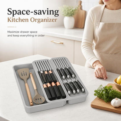 Expandable Drawer Knife Organizer, In-Drawer Knife Holder for 11 Knives, Adjustable Kitchen Drawer Knife Block with Drain Holes, BPA-Free Plastic Knife Storage Tray, Fits Steak & Chef Knives