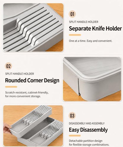 Expandable Drawer Knife Organizer, In-Drawer Knife Holder for 11 Knives, Adjustable Kitchen Drawer Knife Block with Drain Holes, BPA-Free Plastic Knife Storage Tray, Fits Steak & Chef Knives