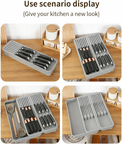Expandable Drawer Knife Organizer, In-Drawer Knife Holder for 11 Knives, Adjustable Kitchen Drawer Knife Block with Drain Holes, BPA-Free Plastic Knife Storage Tray, Fits Steak & Chef Knives