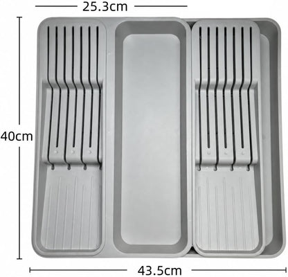 Expandable Drawer Knife Organizer, In-Drawer Knife Holder for 11 Knives, Adjustable Kitchen Drawer Knife Block with Drain Holes, BPA-Free Plastic Knife Storage Tray, Fits Steak & Chef Knives