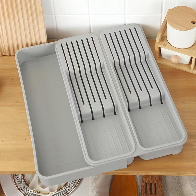 Expandable Drawer Knife Organizer, In-Drawer Knife Holder for 11 Knives, Adjustable Kitchen Drawer Knife Block with Drain Holes, BPA-Free Plastic Knife Storage Tray, Fits Steak & Chef Knives
