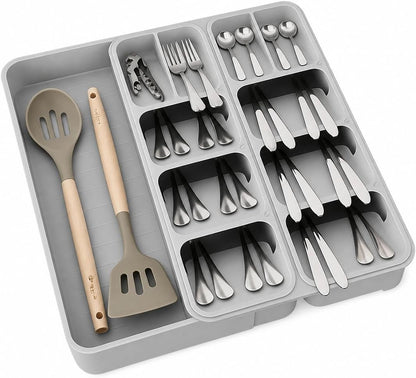 Expandable Drawer Knife Organizer, In-Drawer Knife Holder for 11 Knives, Adjustable Kitchen Drawer Knife Block with Drain Holes, BPA-Free Plastic Knife Storage Tray, Fits Steak & Chef Knives