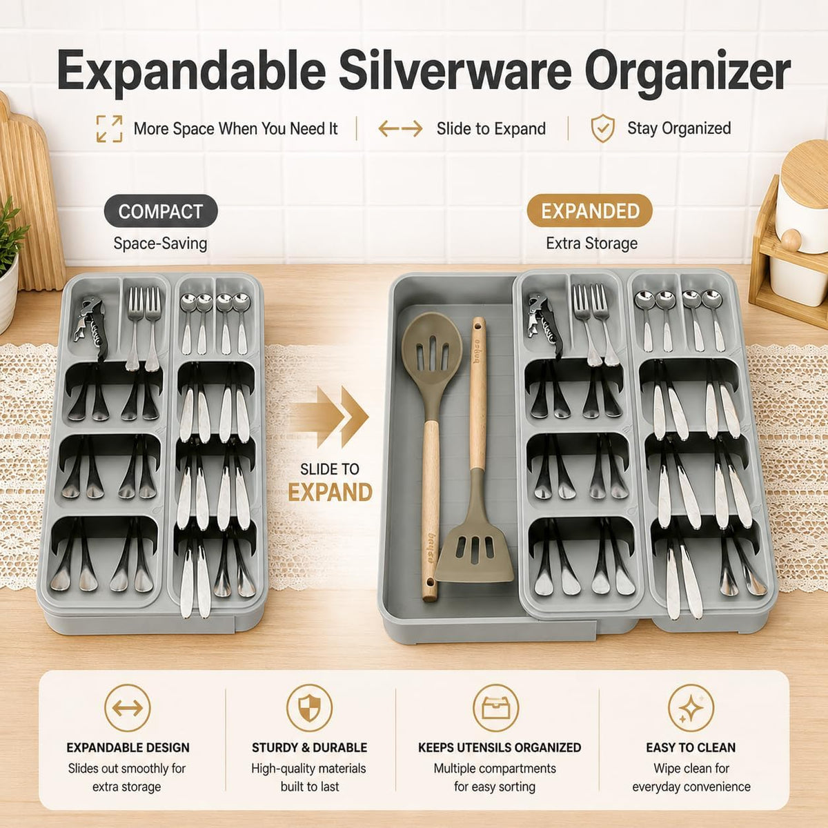 Expandable Drawer Knife Organizer, In-Drawer Knife Holder for 11 Knives, Adjustable Kitchen Drawer Knife Block with Drain Holes, BPA-Free Plastic Knife Storage Tray, Fits Steak & Chef Knives